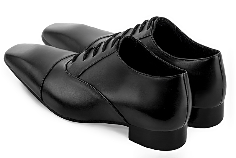 Satin black lace-up dress shoes for men. Square toe. Flat leather soles. Rear view - Florence KOOIJMAN